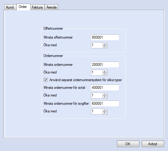 Figur 63. Databasinställningar för order Under "Faktura"-fliken kan minsta fakturanummer och kreditfakturanummer anges. Här finns också inställningar för påminnelser.