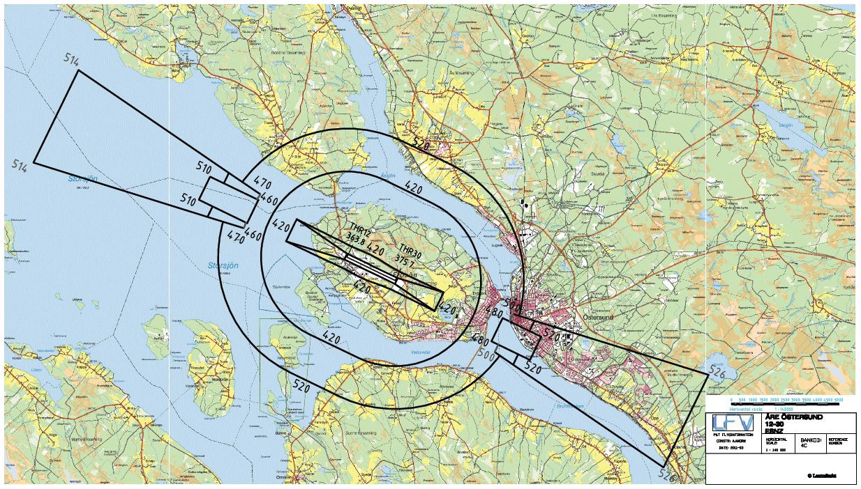 5.1.2 Influensområde för flyghinder vid Åre Östersund Airport Rullbanans trösklar ligger på en höjd av ca 364 respektive 376 meter över havet och utifrån dessa höjder har hinderytorna beräknats. Fig.