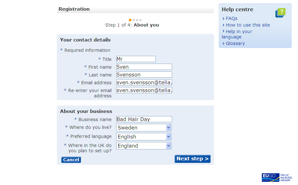 15. För att genomföra tjänsten på internet, behöver du registrera dig Gå till registreringsförfarandet. 16. Fyll i dina uppgifter Fyll i dina uppgifter. Gå vidare med Next step.
