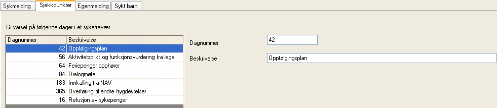 Regler för sjukfrånvaro (gäller för Norge, översätts ej) Skjermbildet gir deg opplysninger om hvilke regler som gjelder for fraværssjekk.
