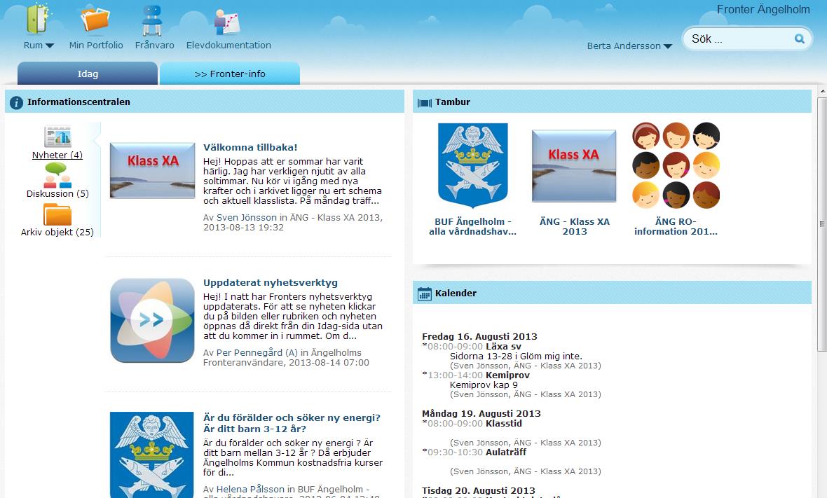 Idag-sidans olika funktioner När du kommit in i Fronter möts du av denna sida. Här finns: 1. De verktyg du har tillgång till. 2. Fliken >>Fronter-info, ett rum med information om Fronter läs igenom!