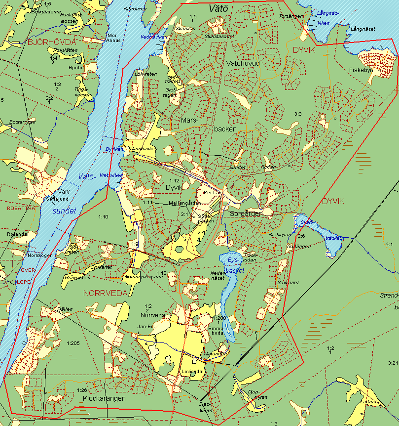 Figur 2: Översikt över området som ska undersökas: delar av trakterna NORRVEDA och DYVIK (röd linje). [15] 1.