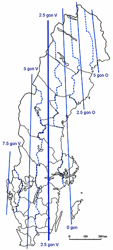 Figur 9: Projektionszoner i koordinatsystemet RT 90. [17] Olika kommuner väljer olika medelmeridianer, vanligtvis beroende på vilken som är närmast. T.ex.