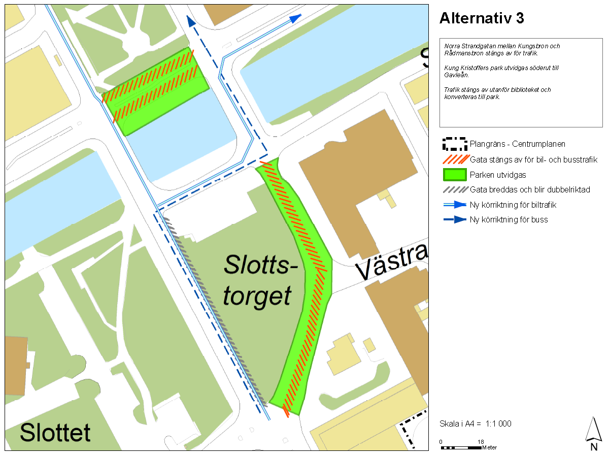 Sid 33 (49) Nackdelar Kapacitetsproblem i korsningen Norra Kungsgatan/Norra Strandgatan om personbiltrafik ska vara kvar vid Centrumhållplatsen. Kungsbron behöver breddas.