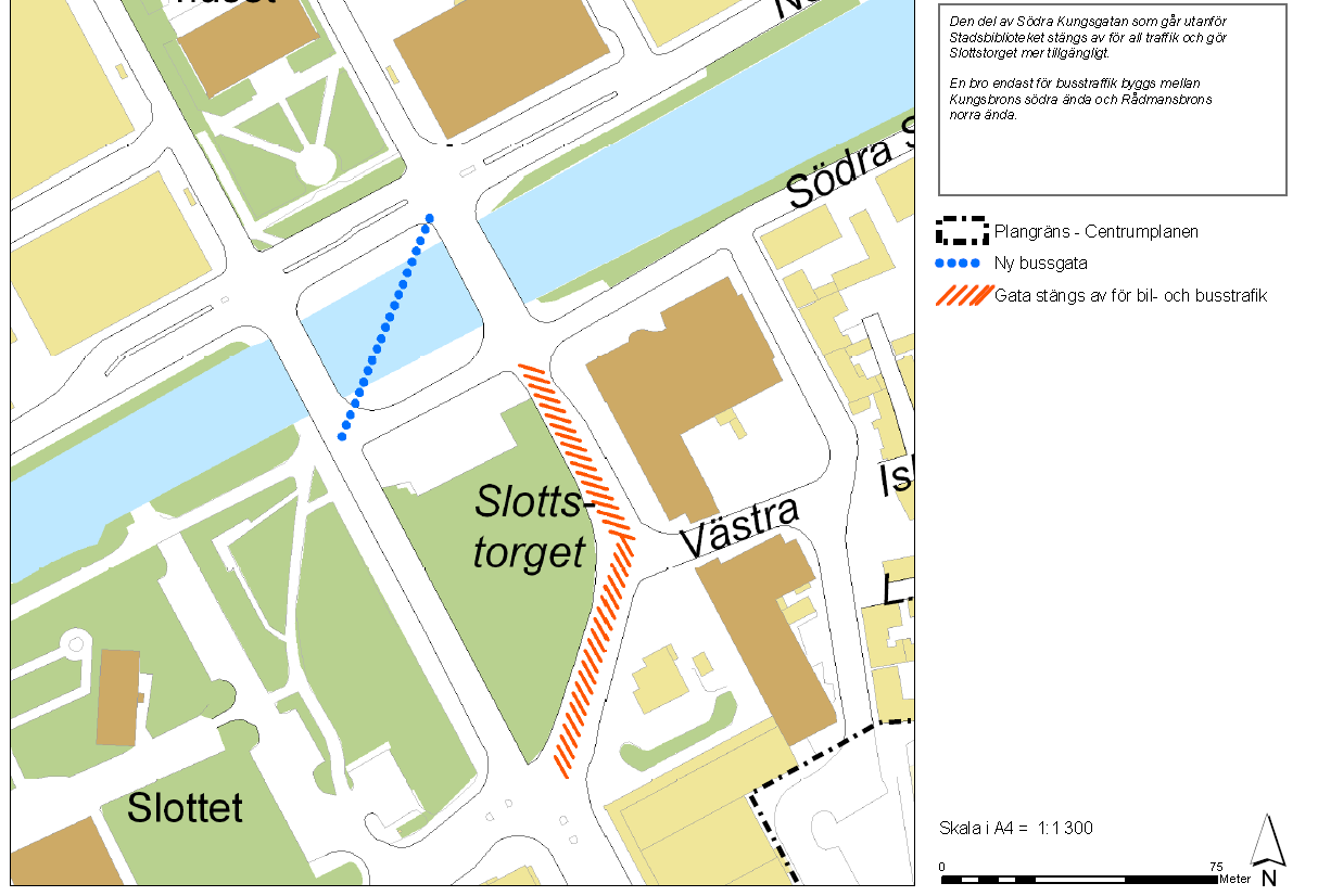 Sid 36 (49) Fördelar Slottstorget blir en attraktivare plats då Stadsbiblioteket och Slottstorget kopplas samman och avsaknaden av personbiltrafik skapar en bättre miljö för gående och cyklister.