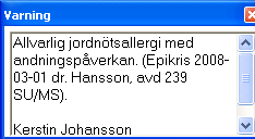 Varning, Smitta och Observera Texten syns i eget fönster när man för markören över aktuellt sökord.