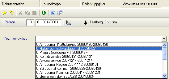 Dokumentation annan person När du är inne och dokumenterar på en patient och skulle vilja se dokumentation på en annan patient: Högerklicka i det tomma fältet jämte patientuppgifter och välj