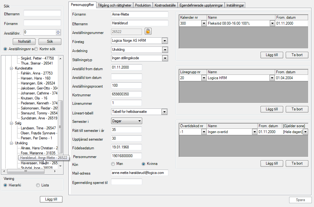 Personaldata I denna skärmbild upprättas anställda och upplysningar om anställda. Anställd(a) knyts tillexempel mot företag, avdeling, kalender, lönegrupp och en eventuellt fast övertidskode.