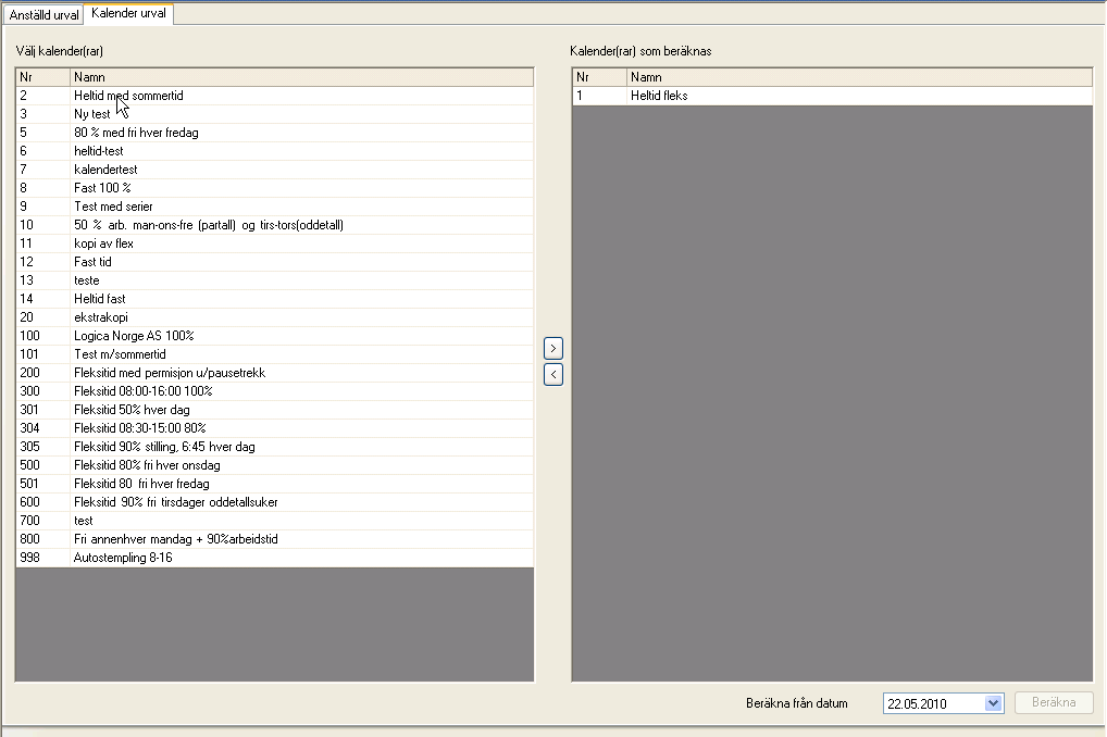 För att välja vem som skall beräknas, dubbelklickar man på önskad avdeling(ar) eller anställda. Välj önskat datum från fältet beräkna från datum. Knappen beräkna blir aktiv när datum är valt.
