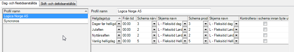 Helgdagsprofiler I helgdagsprofiler upprättas profiler som beskriver vilka beräkningsschema som skall användas för de olika helgdagstyperna.