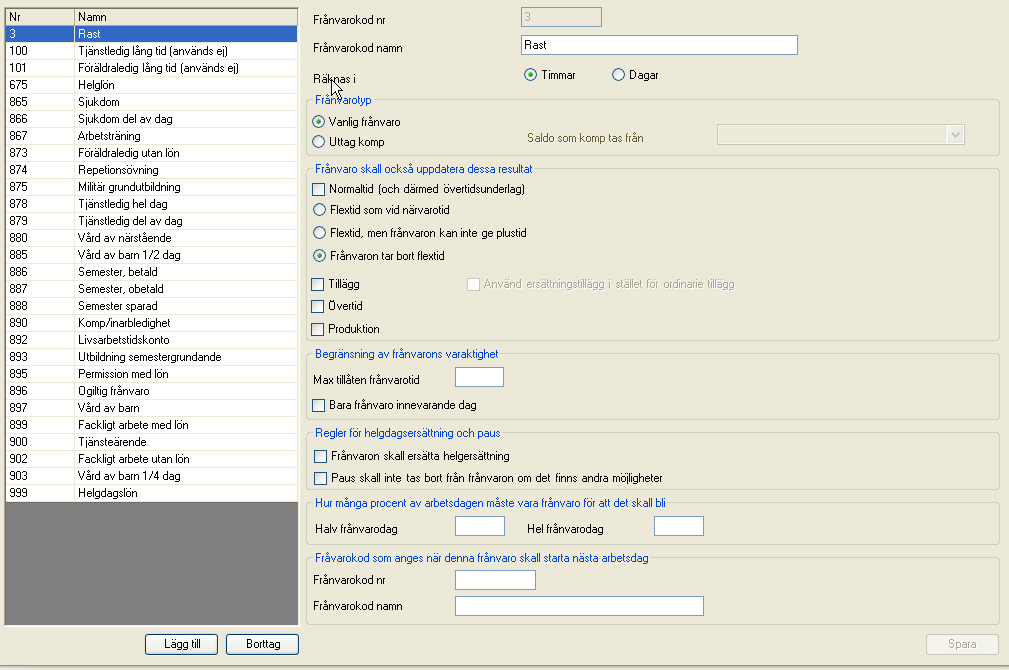 Frånvarokod nr; Nummret är unikt och användas i samband med att anställda anger frånvarokod. Frånvarokod namn; Namnet på frånvarokoden.