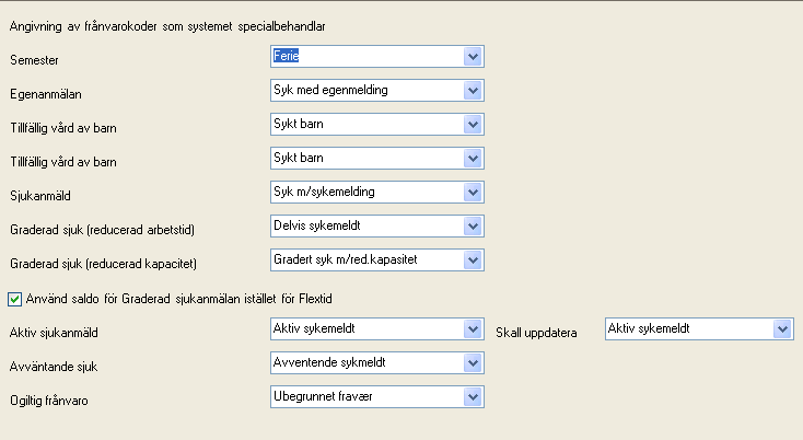 Systeminställningar frånvarokoder I denna skärmbild definieras de koder som systemet specialbehandlar.