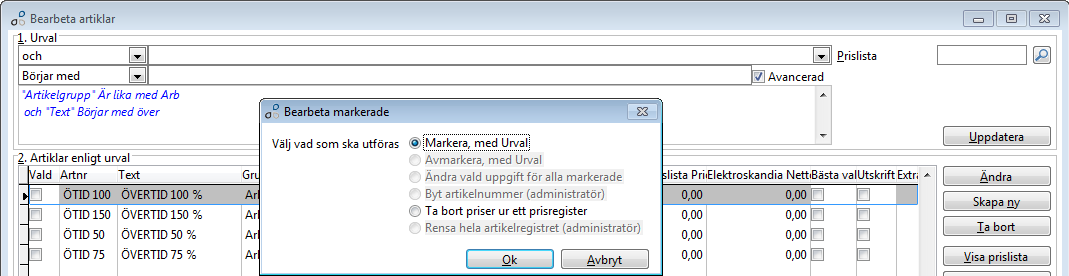 Om du innan har markerat artiklar i listan så kan du kryssa i att endast markerade skall ingå i filen. Om filen Artiklar.