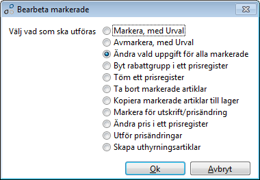 Du kan dock ej slå ihop artiklar om du har flerlagermodulen. Ta bort priser ur ett prisregister. Med detta alternativ kan alla priser i ett prisregister rensas.