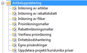 Artikeluppdatering Mappen artikelhantering innehåller funktioner för att läsa in artiklar, flikar, rabattbrev, priser samt avancerade funktioner för egna prisändringar.