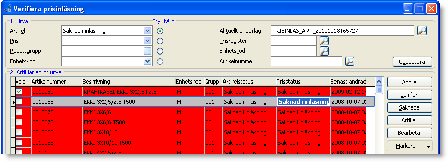 Klicka på Saknade för att komplettera listan med alla artiklar som inte finns med i prisinläsningen. Listan uppdateras med alla artiklar som finns sedan tidigare i valt prisregister.