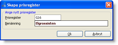 Klicka på knappen Skapa nytt för att skapa nytt prisregister. När du har valt Skapa nytt får du upp följande dialogruta.