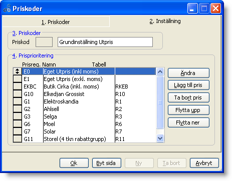 Som standard ligger nedan priskoder upplagda. Öppna koden Grundinställning Utpris genom att välja flik 2. Inställning. Nedan visas alla prisregister som är prioriterade.