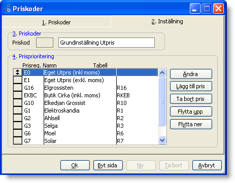 Fältet Prioritering enligt priskod är markerad, detta ger oss en prioriteringsordning av prissättning enligt priskoden nedan.
