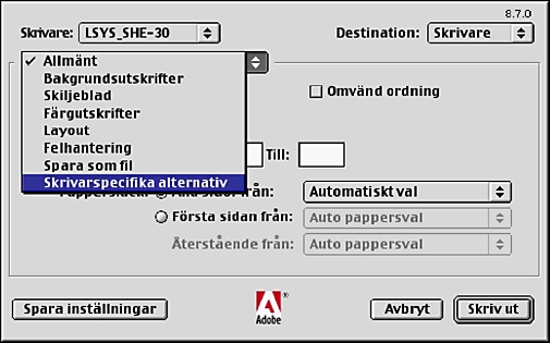 5 Användning på Macintosh-datorer Inställningar Minne Anger storleken på skrivarens minne. Dubbelsidesenhet Anger om det har installerats en dubbelsidesenhet.