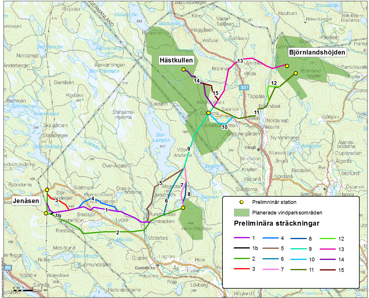 Figur 11. Preliminära sträckningar efter stråksamrådet Näsberget och ett högt naturvärde vid namn Sammelsbäcken. Områdena finns beskrivna i rapporten från naturvärdesinventeringen i bilaga 5.