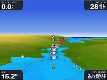 Sjökort och 3D-sjökortsvyer Mariner s Eye 3D Ett BlueChart g2 Vision-datakort innehåller Mariner s Eye 3D, en detaljerad tredimensionell vy över och bakom båten (baserat på din kurs) som ett visuellt