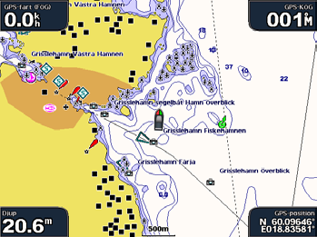 Med hjälp av dessa foton kan du orientera dig efter omgivningarna och bekanta dig med en marina eller hamn innan du kommer dit. 1. Välj Sjökort > Navigationssjökort på skärmen Hem. 2.