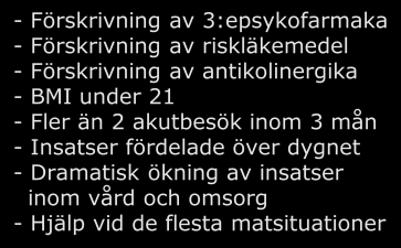 17 Indikatorer och matchande tjänstekoncept för respektive behovskategori (initialt exempel från projekt Proaktiv hälsostyrning) Indikatorer; exempel - Tre diagnoser eller fler (enligt ICD-10