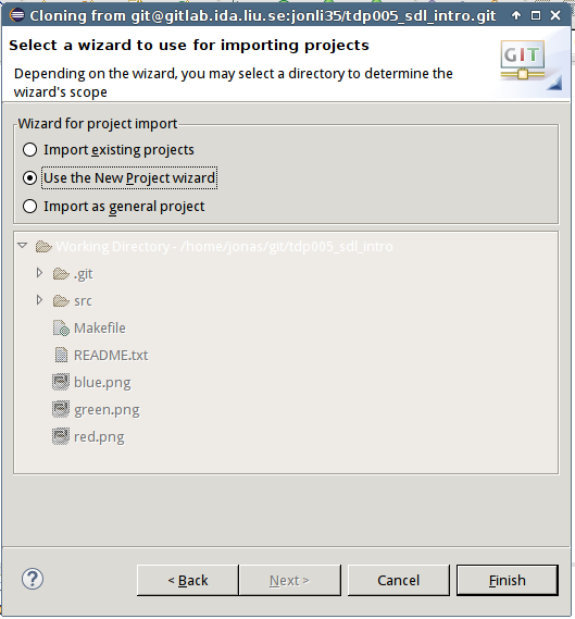 Utvecklingsmiljö 4 3. Skapa ett nytt, tomt repository på GitLab. Välj sedan File --> Import... --> Git --> Projects from Git i Eclipse. Välj Clone URI om du måste välja.