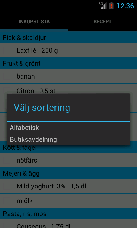 6.2.3 Inställningar på Android På Android implementerades en meny med olika val som visar sig när man trycker på menyknappen.