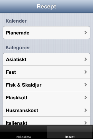 6.2.5 Kategorier Alla kategorier hämtas från servern och visas när man trycker på recepttabben.