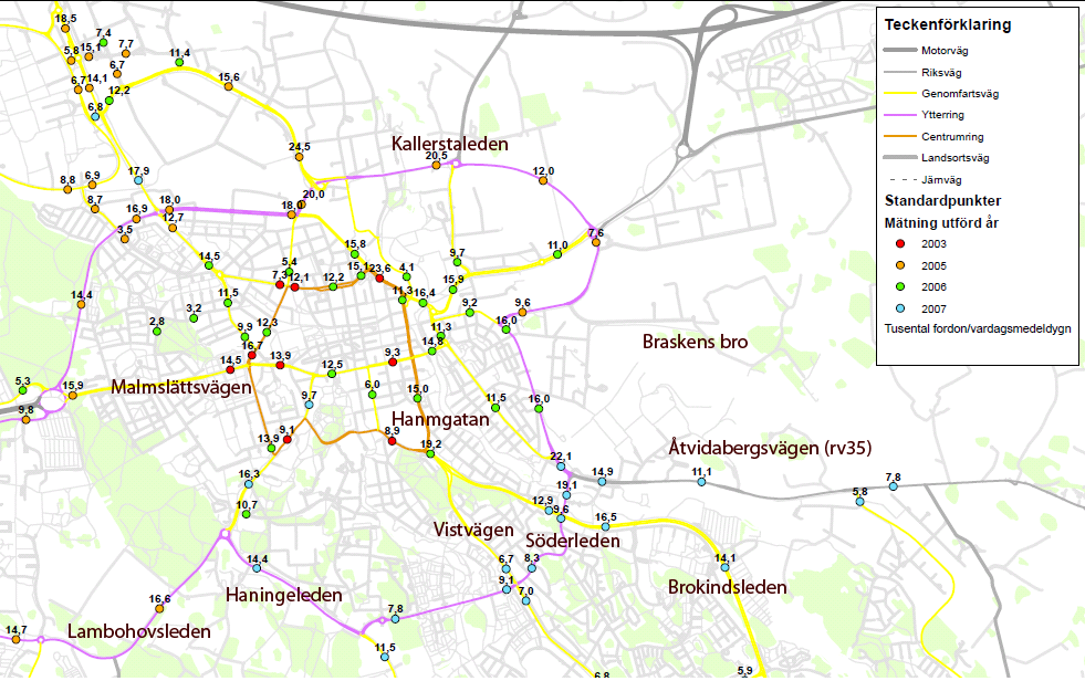 Trafikmängder Uppmätta trafikmängder presenteras i Figur 25 nedan. Ur figuren kan utläsas att Brokindsleden är en kraftigt belastad länk i staden.