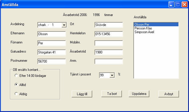 1.2.5 Anställda I anställda fönstret (se figur 14, 15) kan uppgift om anställda läggas till, ta bort eller ändras.