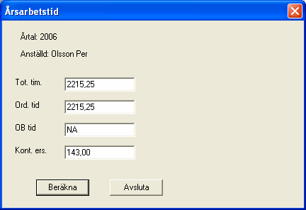 2.3 Beräkna årsarbetstid fönstret Vid webbdesignen av Beräkna årsarbetstid fönstret har knapparna från klientversionen strukits och istället sker uträkningarna automatiskt när fönstret öppnas (se