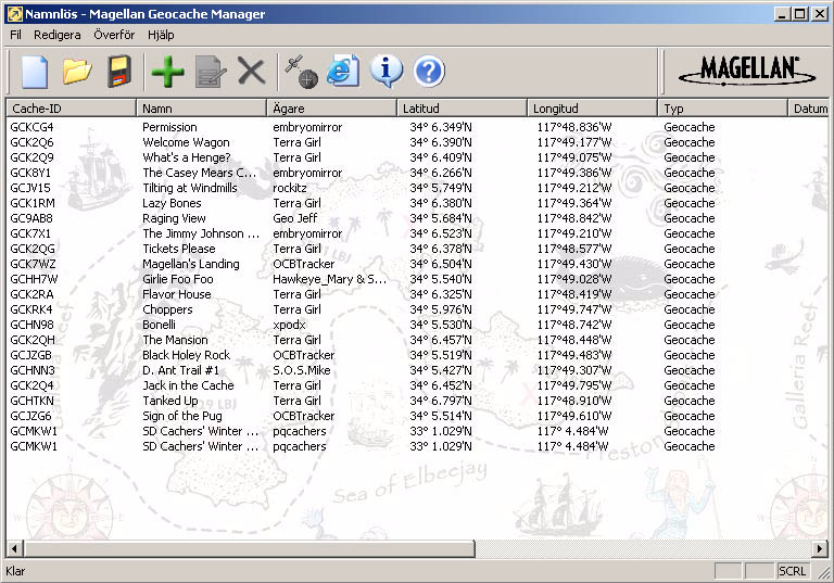 Magellan Geocache Manager 79 Arbeta med gocache-filer Bilden visar ett exempel på en geocachefil med en lista av geocache-punkter.