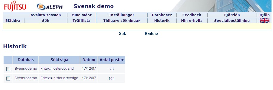 Följande funktioner är tillgängliga i historiken: Sök Söker fram poster i databasen som matchar sökfrågan. Radera Raderar alla sökfrågor i historiken. 9. LÅNTAGARFUNKTIONER 9.