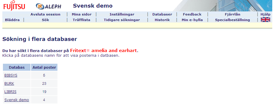 Här kan man välja bland bibliotekets egna baser, såväl fysiska som logiska deldatabaser. Exempel på logiska deldatabaser kan vara t.ex. Tidskrifter. En fysisk bas kan t.ex. vara en undervisningsdatabas (t.