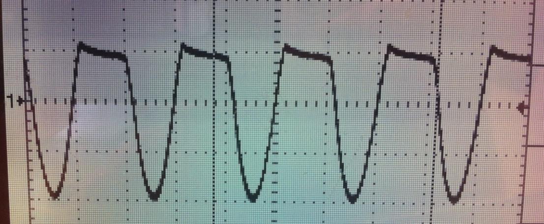 Figur 4. 9 Ovan en bild från simuleringen på en överstyrd signal. Nedan en oscilloskopbild på en överstyrd signal. 4.7.