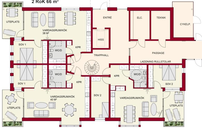 Hus sju Entreplan och plan fem Entreplandet lägnhet 711 är 2 Rum och kök fördelade på 66 kvadrat och saknar det burspråk som lägenheterna över denna har.