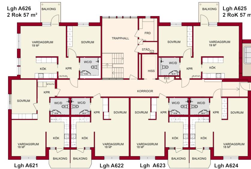 Hus 6 A Denna del var tidigare vårdboende men har fått en helt ny planslösning och renovering för att istället bli trygghetsboende i de två nedersta planen.