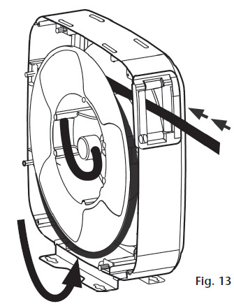 (EN) Spring load adjustment To increase spring tension 1. Disassemble one side of the hose reel and pull out the hose 3m (10 feet) and let the hose get latched (Fig. 11). 2.