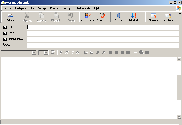 Skriva meddelande När du ska skriva ett nytt meddelande börjar du med att klicka på knappen för Skapa e-postmeddelande. Ett annat alternativ är att välja Nytt E-postmeddelande i Arkivmenyn.