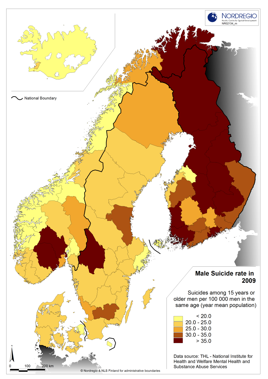 Bilaga 11 SOU 2014:6 Källa: Nordregio. Vi ser här bl.a. att 2009 i Sverige självmordstalet bland män