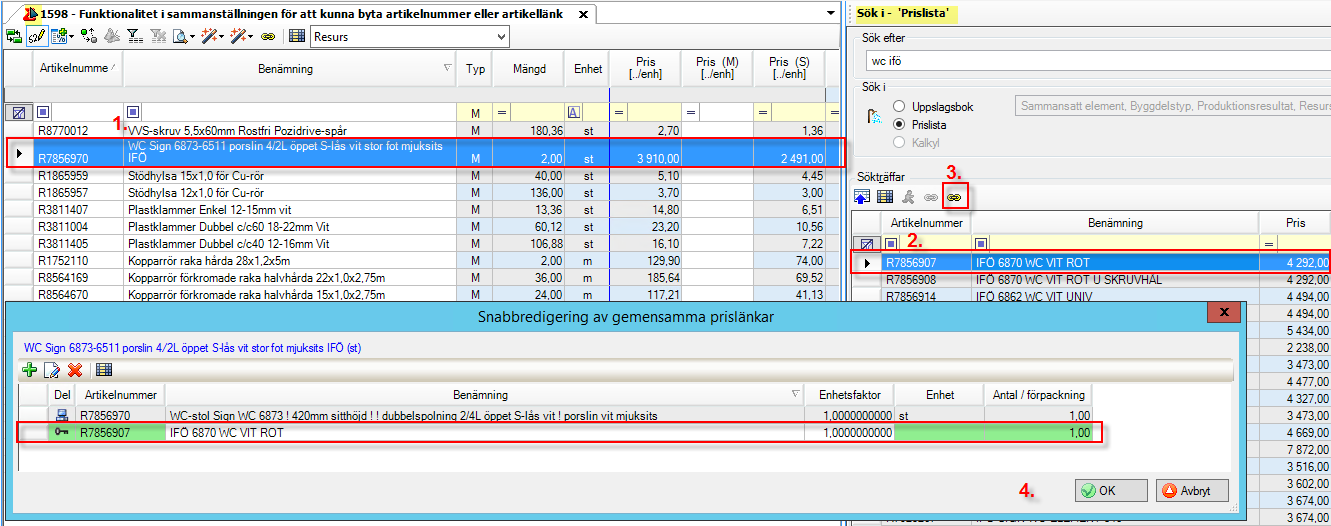 1.10 Byte av artikelnummer i sammanställningen I resurssammanställningen kan man nu fälla ner en lista på möjliga artikelnummer att länka resursen till.