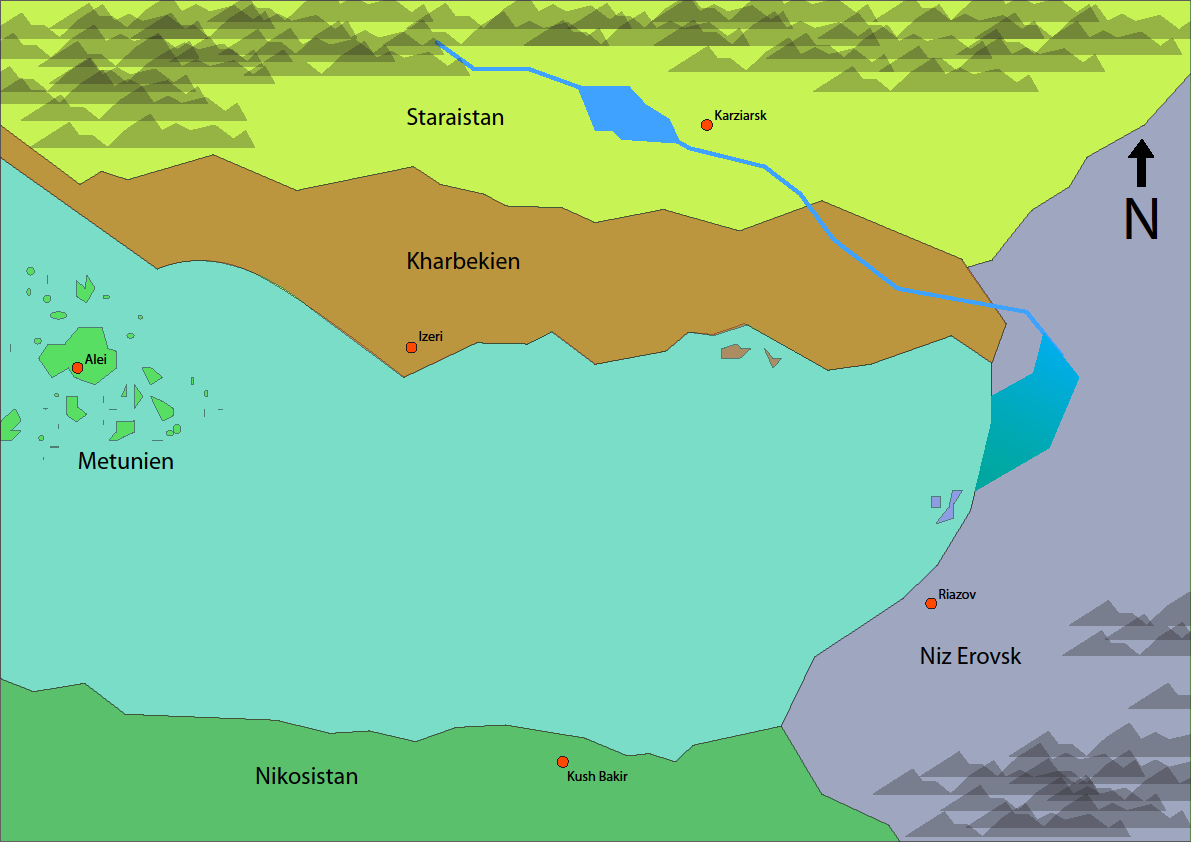 Rihavsregionen Här ser ni kartan över Rihavsregionen. Längst upp i norr ligger det bergiga landet Staraistan. Söder om Staraistan ligger Kharbekien med en lång och vidsträckt kust.