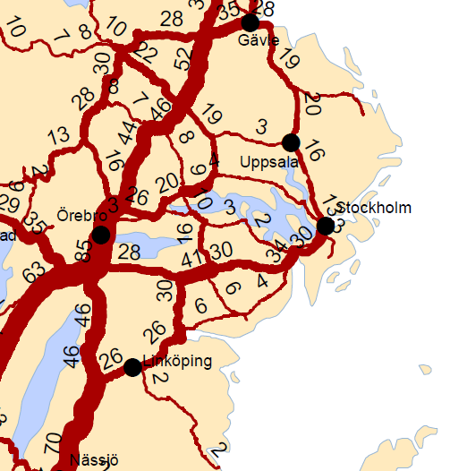 16 (86) I ÖMS går det stora mängder godstransporter på väg. Figur 6 visar tung trafik på väg från Trafikverkets trafikflödeskarta 11.