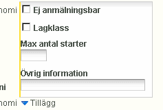 För dressyrklass: Fyll i tid, klassnummer, status, bedömning, ev. namn på klassen, premier, priser*, avgift, efteranmälningsavgift, ekonomi* och om klassen ska vara anmälningsbar.