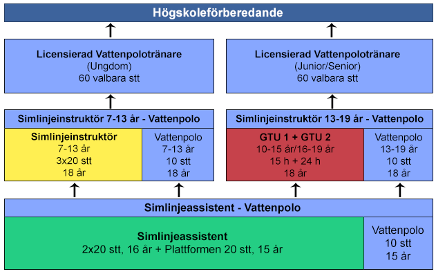 Sedan 2013 har vattenpolons ledarutbildning en ny uppbyggnad i tre nivåer och i två inriktningar - ungdom och junior/senior.