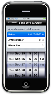 KAPITEL 5. UTVECKLING Figur 5.6. Designad huvudmeny och Boka bord 5.4 Boka bord (Gretas) Denna funktion var egentligen inte menad att den skulle finnas med i den första versionen av applikationen.
