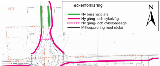 5.4.4. Busshållplatser norr om cirkulationsplatsen Alternativ med busshållplatserna norr om cirkulationsplatsen har studerats men valts bort, se Figur 24.